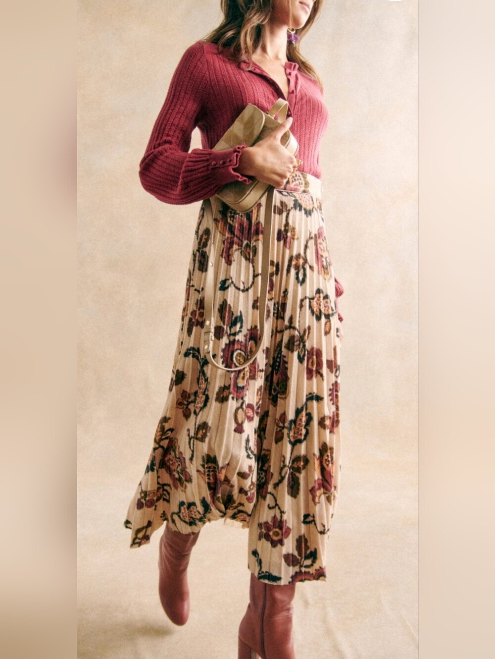 Sézane Dune Skirt Merveille Print Cream Burgundy Pink Size 36 US 4 XS S